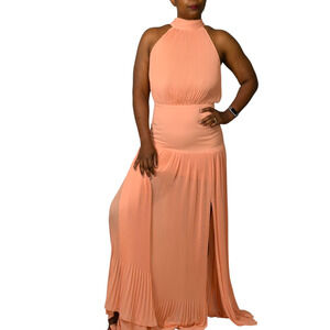 Veronica Beard Lilliana Dress Orange Halter High Neck Plisse Long Evening Gown 2